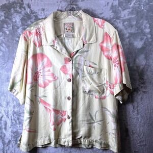 Kylani Bay Silk Hawaiian Shirt 14 Womens Pink Yellow Floral Hibiscus Aloha Beach